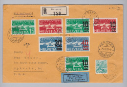 Schweiz Flugpost 1937-02-25 Kerzers Bedarfs-R-LP-Brief N.USA Interess.Frankatur - Erst- U. Sonderflugbriefe