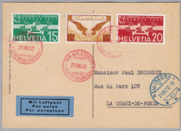 Schweiz Flugpost 1932-08-21 Tour Aér. D'Europe Rot Bellinzona Blau Karte - Primi Voli