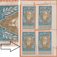 Liechtenstein 1928 Y&T / Michel 84. Bloc De 4, Impression Sur Raccord, Causant Un Saut De Dentelure. Timbre Rare Jean II - Abarten