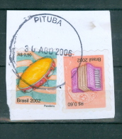 BRAZIL 2002 -  MUSICAL INSTRUMENTS - ACCORDION AND TAMBOURINE  -  OVER FRAGMENT - Usados