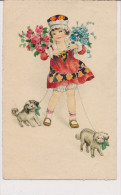 PETERSEN, CHILDREN, LITTLE GIRL WITH FLOWERS, PUPPY DOGS,  EX Cond. Litho PC, Used,  1930?, UNSIGNED - Petersen, Hannes