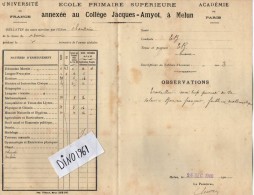 VP3753 - Académie De Paris - Bulletin Scolaire - Collège Jacques - AMYOT à MELUN - Elève CHANDIOUX - Diplômes & Bulletins Scolaires