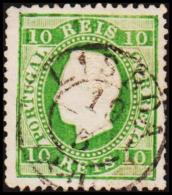 1880. Luis I. 10 REIS Perforated 12½. Yellow-green. Thin Spot. (Michel: 47bC) - JF193338 - Gebruikt