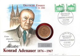 DDR Numisbrief "Deutsche Einheit" 3.10.1990 BERLIN Mit 2DM Adenauer Vergoldet (Münze)+2x50Pf 1990 DP - Autres & Non Classés