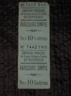 Ancien Ticket Tramways électriques Et Omnibus De Bordeaux : 2 Tickets Attenants Parcours Simple 10 Centimes - Tramway - Europe