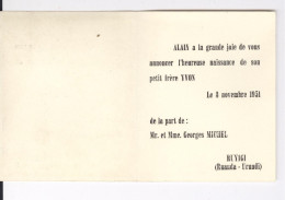 Faire-part Naissance Yvon Michel Ruyigi (Ruanda-Urundi) 1951 - Nascita & Battesimo