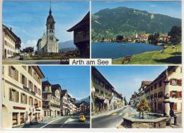 ARTH Am See, SZ - Mehrbildkarte M. Hotel Adler, Kirche, Brunnen, Panorama - Arth