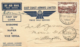 PREMIER VOL  Entre Gisborne & Napier 16 Avril 1935, Avec Escale à Wellington (timbre Poste Aérienne Nr 1) Forte Côte - Airmail