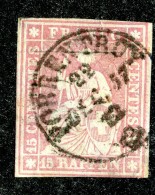 10051  Switzerland 1857 Zumstein #24F  (o)  Michel #15 Bzm  Thin Paper Green Thread - Gebraucht