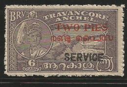 India, Used, TRAVANCORE ANCHEL Two Pies Service Overprinted On 6 CASH, As Per Scan, - Travancore