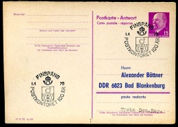 100 Years POSTKONTORET FINSPÅNG 1970 On East German Reply Postal Card P74A Private Print #1 - Autres & Non Classés