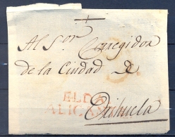 1808 - 40 , ALICANTE , D.P. 20 , FRONTAL CIRCULADO ENTRE ELDA  Y ORIHUELA  , MARCA PREF. Nº 1  , PORTEO - ...-1850 Prefilatelia