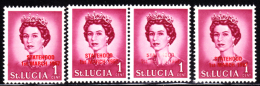 St. Lucia 1967 QEII Unlisted Overprint On 2c. 4 Examples In Red Including One Pair. - St.Lucia (...-1978)