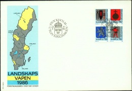 LANDSCAPES & COAT OF ARMS-FDC-SWEDEN-1986-BX1-277 - Covers