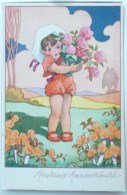 CP Litho Illustrateur Rhodania M.B. Margaret Borris ENFANT Dans Jardin Portant Gros Bouquet De Fleurs - Boriss, Margret