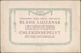 1926 Rimaszombat Városának Blaha Lujza Emlékünnepélyére Szóló... - Unclassified