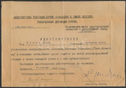 1945 Utazási Igazolás Orosz Nyelven Postai Alkalmazott Részére / Travel Pass Russian... - Unclassified