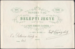 1870 A Pesti Nemzeti Casino Belépti Jegye Palkovics Károly (1816-1897) Esztergom... - Unclassified