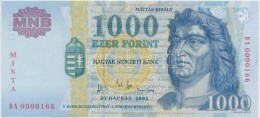 2002. 1000Ft 'MINTA' Felülnyomással, 'DA 0000166' Sorozat- és Sorszámmal T:I / 
Hungary... - Unclassified