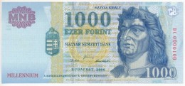 2000. 1000Ft 'Millenium' 'DC 0000100' Alacsony Sorszám T:I Apró Hajlás / 
Hungary 2000. 1000... - Non Classés