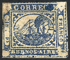 GJ.11, IN Ps. Blue, With Variety: Large Spot Over "OS" Of CORREOS, Defects, Catalog Value US$200 - Buenos Aires (1858-1864)