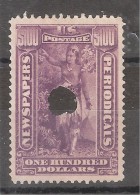 USA Newspaper & Periodicals / Journaux 1895, Scott PR 125 , $ 100  Purple, Obl Par Perforation / Punched , TB - Zeitungsmarken & Streifbänder