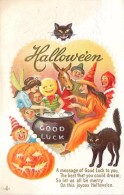 241519-Halloween, Stecher No 216 E, Witch Giving Out Good Luck Cards To Costumed People, Black Cats, Jack O Lantern - Halloween