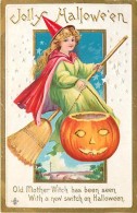 241539-Halloween, Stecher No 226 C, Young Witch On Broom Holding A Jack O Lantern - Halloween