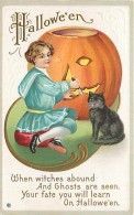 241543-Halloween, Stecher No 226 D, Boy Carving Large JOL With A Black Cat Watching - Halloween