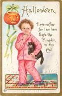 241545-Halloween, Stecher No 226 E, Boy Holding A Black Cat With Jack O Lantern On Wall Watching - Halloween