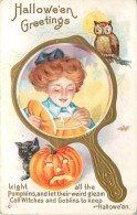 241557-Halloween, Stecher No 248 C, Woman In Mirror Lighting A Jack O Lantern, Owl & Full Moon Face Watching, Black Cat - Halloween