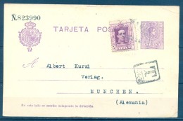 1934 , ALBACETE , E.P. 50 CIRCULADO ENTRE ALMANSA Y MUNICH , FRANQUEO COMPL.  " T / ESPAGNE " - 1850-1931