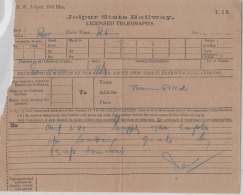 JAIPUR  1930's  State Railway Licenced Telegramme  Telegrapho  # 90012  Inde Indien - Jaipur