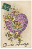 Angelots Dans Un Gros Coeur Gaufré En Violettes Cupids Anges - Anges