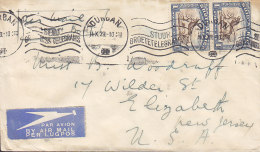 South Africa PAR AVION Label Slogan Flamme "Send Telegrams" DURBAN 1939 Cover Brief NEW JERSEY USA 2x 1/- Sh (2 Scans) - Luchtpost