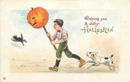 241583-Halloween, Stecher No 339 A, Boy With JOL On Stick Chasing Black Cat While Being Chased By A Dog - Halloween