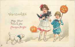 241595-Halloween, Stecher No 339 E, Dog Barking At Girl Holding Black Cat & Young Boy - Halloween