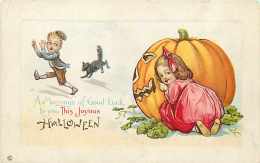 241597-Halloween, Stecher No 339 F, Girl Behind Large JOL Scaring Boy & Black Cat - Halloween