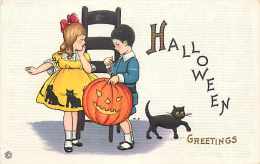 241609-Halloween, Stecher No 400 D, Mary Evans Price, Girl Watching Boy Light A JOL With Match, Black Cat - Halloween