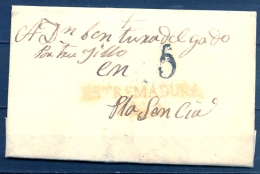 1836 , CÁCERES , D.P. 13 , CARTA CIRCULADA ENTRE MIAJADAS Y PLASENCIA POR TRUJILLO , Nº 2 EN ROJO , PORTEO - ...-1850 Prephilately