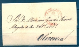 1850 , D.P. 13 , CARTA CIRCULADA ENTRE BADAJOZ Y OLIVENZA , BAEZA EN ROJO , LLEGADA - ...-1850 Voorfilatelie