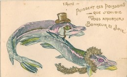 FANTAISIE GAUFREE EMBOSSED POISSON 1er Avril HUMANISE : Puissent Ces Poissons - Boa Vert Chapeau Vert Et Monocle Vert - Gekleidete Tiere