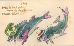 FANTAISIE GAUFREE EMBOSSED POISSON 1er Avril HUMANISE Evitez Le Babil Puéril Eventail Mauve Chapeau Plumes Vert Canotier - Animaux Habillés