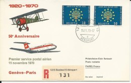 SF 70.6, Swissair, Genève - Paris, DC-9, Recommandé, 1970, 50ème Anniversaire Premier Service Postal Aérien - Primi Voli