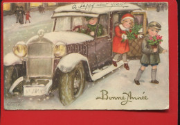 JOLIE CPA ILLUSTRATEUR PETERSEN BONNE ANNEE ENFANT VOITURE NEIGE  BONNE ANNEE ECRITE EN 1936 - Petersen, Hannes