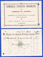 FACTURA . 1940 - DOMINGOS FERREIRA MAXIMIANO, CARROÇAS DE ALUGUER - VILA BERTA, 28 À GRAÇA, LISBOA - Portugal