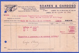 FACTURA, 1940 - SOARES & CARDOSO, VIDROS E ESPELHOS - RUA DA MADALENA, 219-231 . LISBOA - Portugal