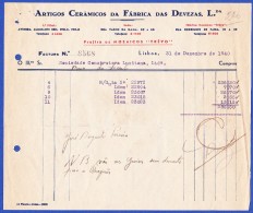 FACTURA, 1940 - ARTIGOS CERÂMICOS DA FÁBRICA DAS DEVÊZAS, Lda. - FÁBRICA DE MOSAICOS . R. RODRIGUES DE FARIA, 25 - Portugal