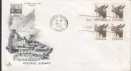 Canada Premier Jour Lettre FDC Cover 1953 Canada Moose Älg Elk 4-Block Artcraft Cachet - 1952-1960