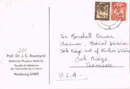 17501. Tarjeta Privada HOMBURG (Saarland) Sarre 1952 To USA. Institut Physique Medicale - Storia Postale